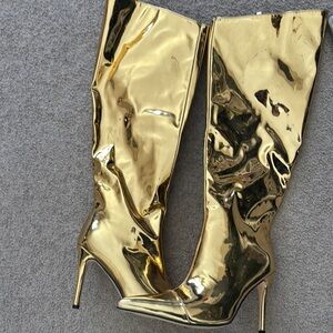 Gold Metallic Knee-High Stiletto Boots Size 8 Women's Heel Boots  Size 38